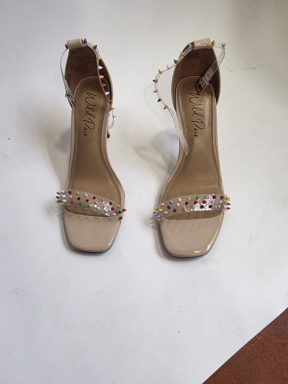 Wild Pair Nude Patent Heeled Sandals with Multicolor Studs Size 10